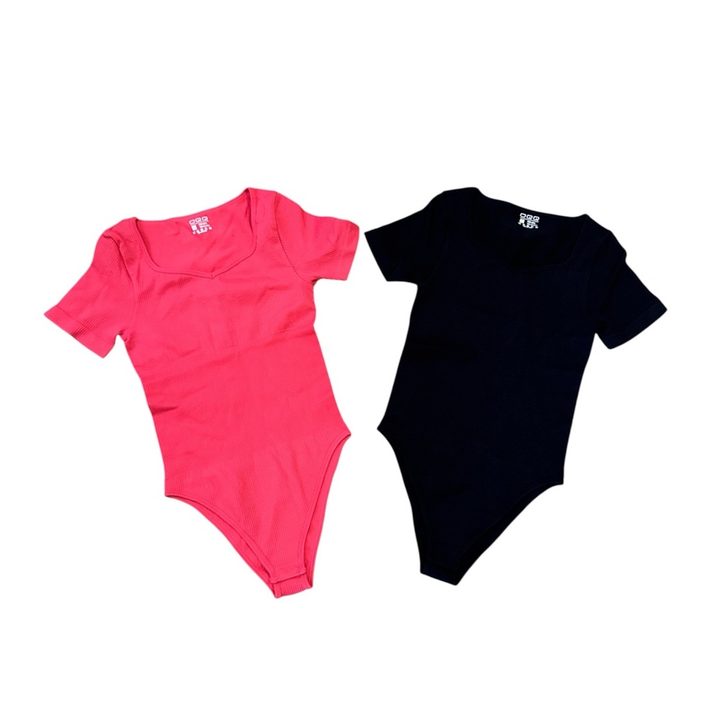 OQQ Pink and Black Bodysuit Set with Short Sleeves size Small new with bag